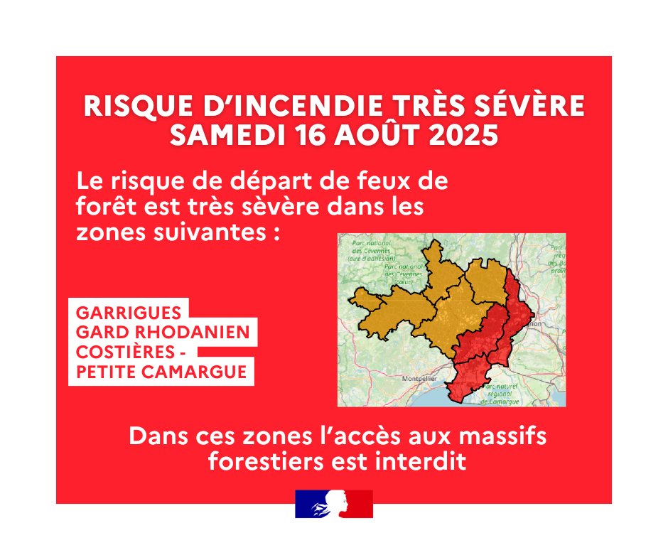 #Incendie🔥 RISQUE FEUX DE FORÊT TRÈS SÉVÈRE  Les services de l’État placent 3 zones du #Gard en risque ROUGE INCENDIE TRÈS SÉVÈRE pour la journée du samedi 16 août :
• GARD RHODANIEN
• GARRIGUES
• COSTIÈRES PETITE CAMARGUE

❌ Par conséquent, les accès, la circulation et la