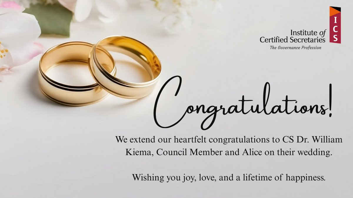 Warmest congratulations to CS Dr. William Kiema, Council Member, and Alice on their wedding, wishing you a lifetime of love and happiness.

#ICS_Kenya #Congrats #WeddingWishes