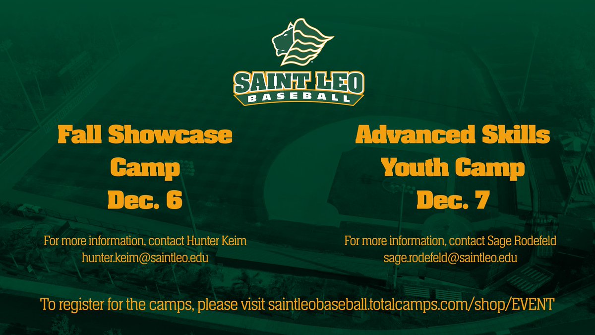 .<a href="/SaintLeoBSB/">Saint Leo Baseball</a> will be hosting two premier camps this December! Register while spots are available!

To register, please visit bit.ly/3HDVQwu

#GOLIONS 🦁 | #SAINTLEO1PRIDE🦁