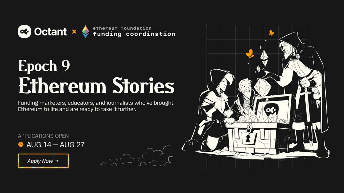 1 million USD going out to ETH content creators! (approx 250 eth) 

Shout out <a href="/OctantApp/">Octant.eth</a> 🥳

Epoch 9 is focused on creators who can market Ethereum to EVERYDAY people (not price action posts lol…)

APPLY &amp; RT 👇
blog.octant.build/calling-eth-cr…