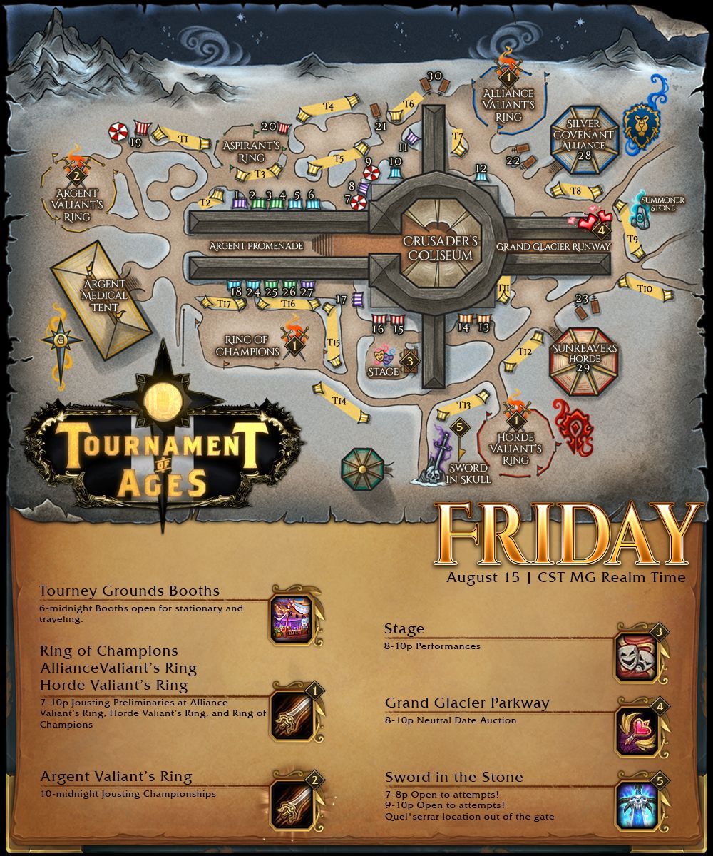 ToA_Warcraft's tweet photo. The schedule for today! #toa2025 #tournamentofages #worldofwarcraft #charity #blessingsinabackpack #moonguard #wyrmrestaccord #jousting https://t.co/OHHmKQbN4U