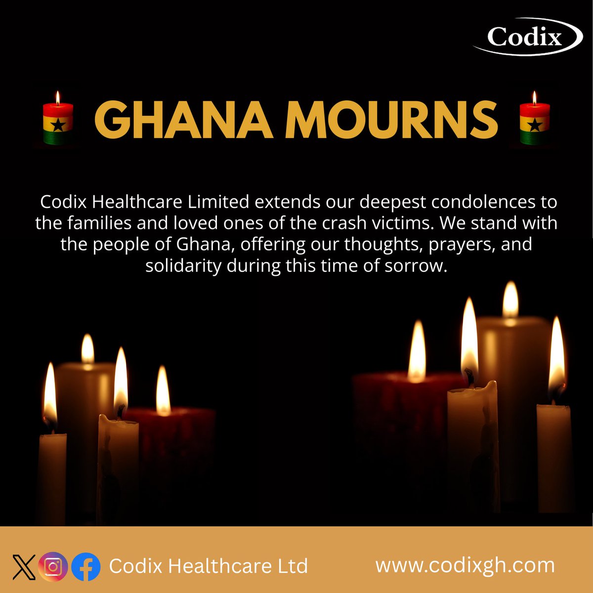 CodixHealthcare's tweet photo. Our hearts go out to all who are grieving.
Codix Healthcare Limited extends our deepest condolences to the families of the crash victims. We stand with the people of Ghana, offering our prayers, and solidarity during this time of sorrow.
#GhanaMourn #Condolence #CodixHealthcare https://t.co/gyJX7QcZah
