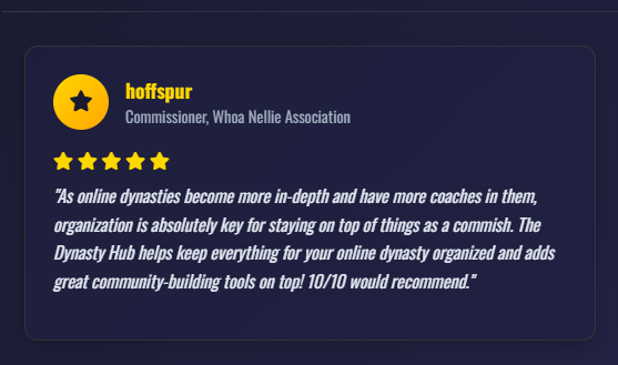 Great online dynasties aren’t built on luck.

They’re built on organization and community.

Here’s how one commish rates us:

#onlinedynasty #cfb26 #eacollegefootball26 #football