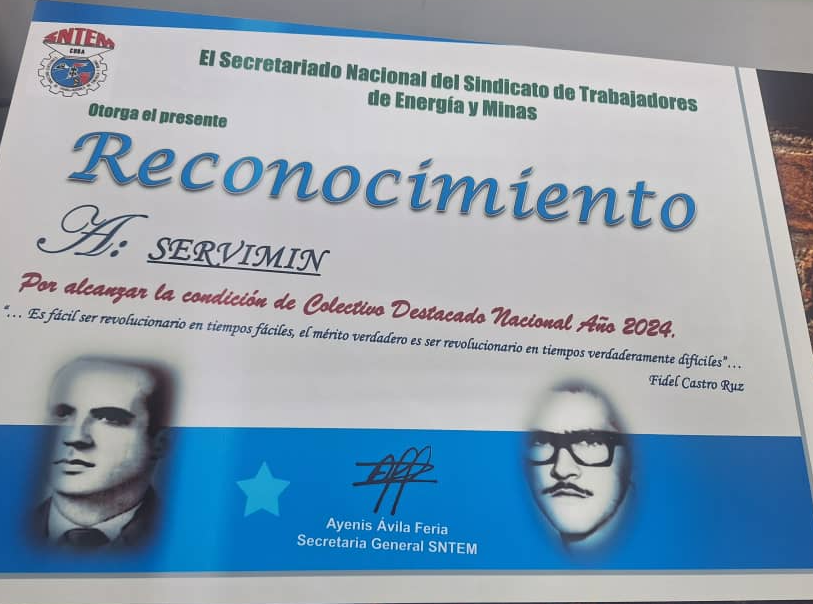 AEIServimin's tweet photo. Después de días y noches de trabajo constante, y de horas alejadas de la familia, recibimos el reconocimiento de Colectivo Destacado Nacional del año 2024, en nombre del Secretariado Nacional del Sindicato de Trabajadores de Energía y Minas.  #CubaEstaFirme #ServiminEstáFirme. https://t.co/qQ5AIWXh67