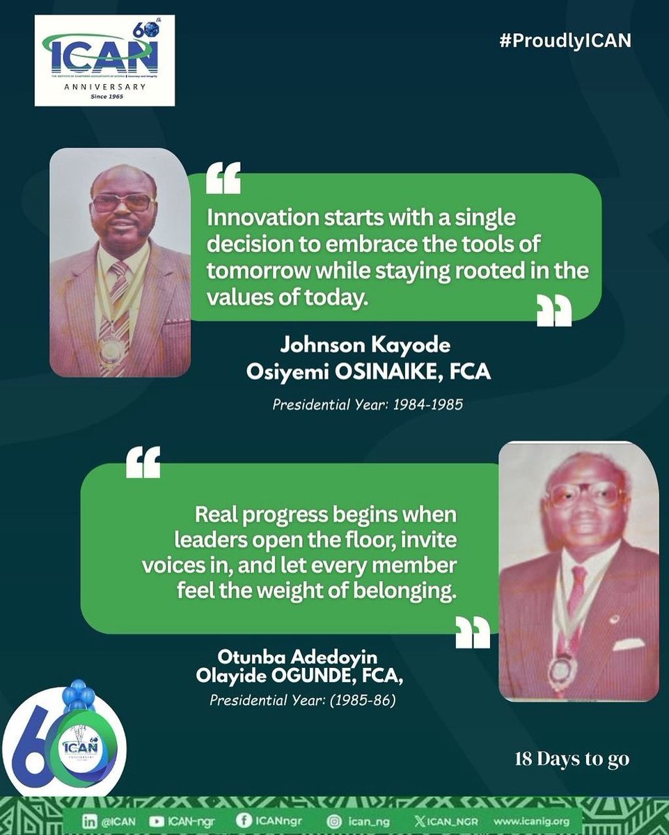 ICAN_NGR's tweet photo. Decades ago, ICAN leaders spoke of innovation, inclusion, and integrity not as trends, but as truths. Their words weren’t just wise… they were prophetic because we are in the future they saw… As we approach 60 years, we are not just celebrating longevity. We are reflecting on the quiet revolutions that shaped us.

#ICAN@60 #ProudlyICAN #LegacyInAction #FutureInFocus