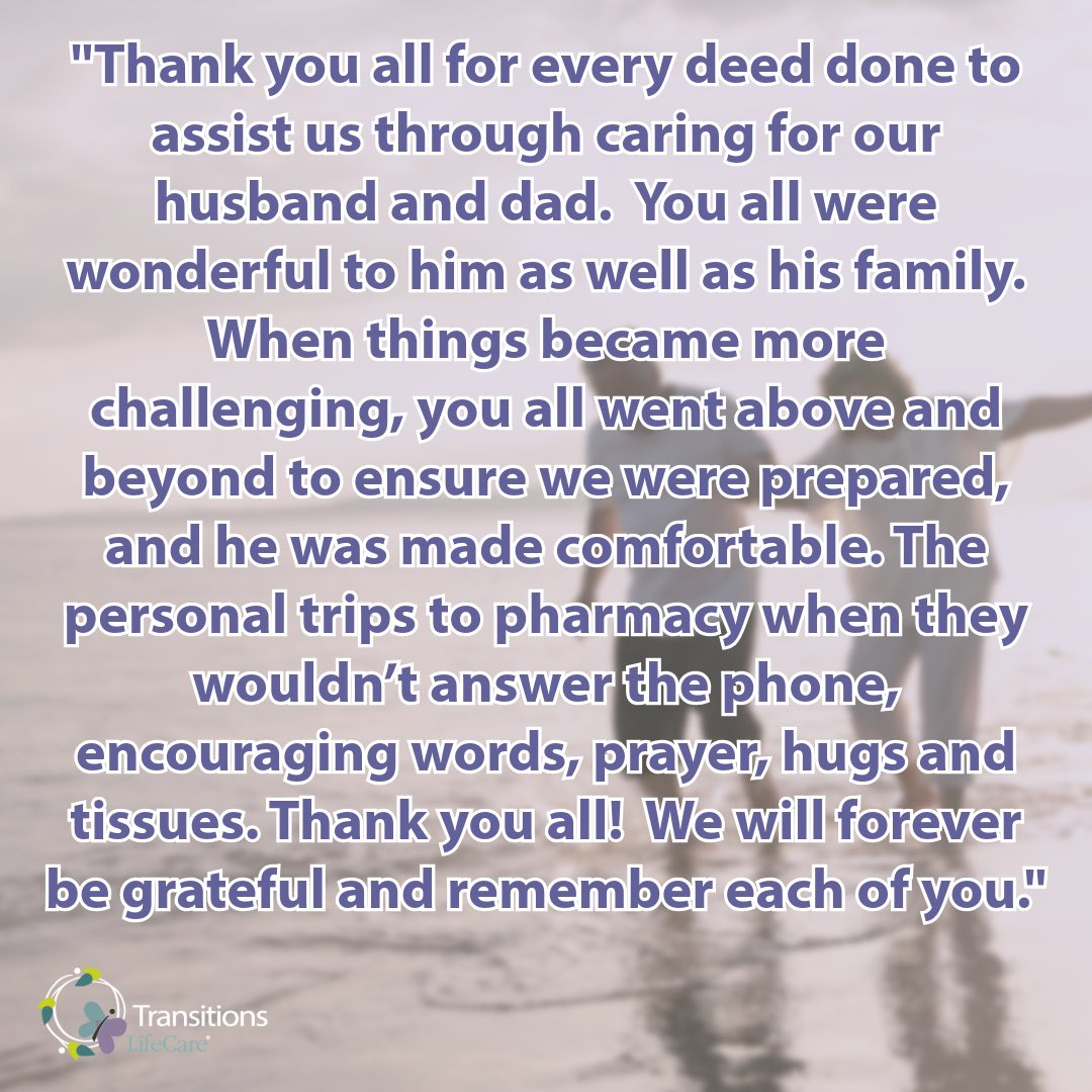 Your words mean the world to us. This #FeelGoodFriday, we’re reminded why we do what we do — to walk alongside families with care, presence, and love. 💜 We’re deeply grateful for the trust you place in us. #TransitionsLifeCare #hapc #gratefulfamilyquote #familysupport