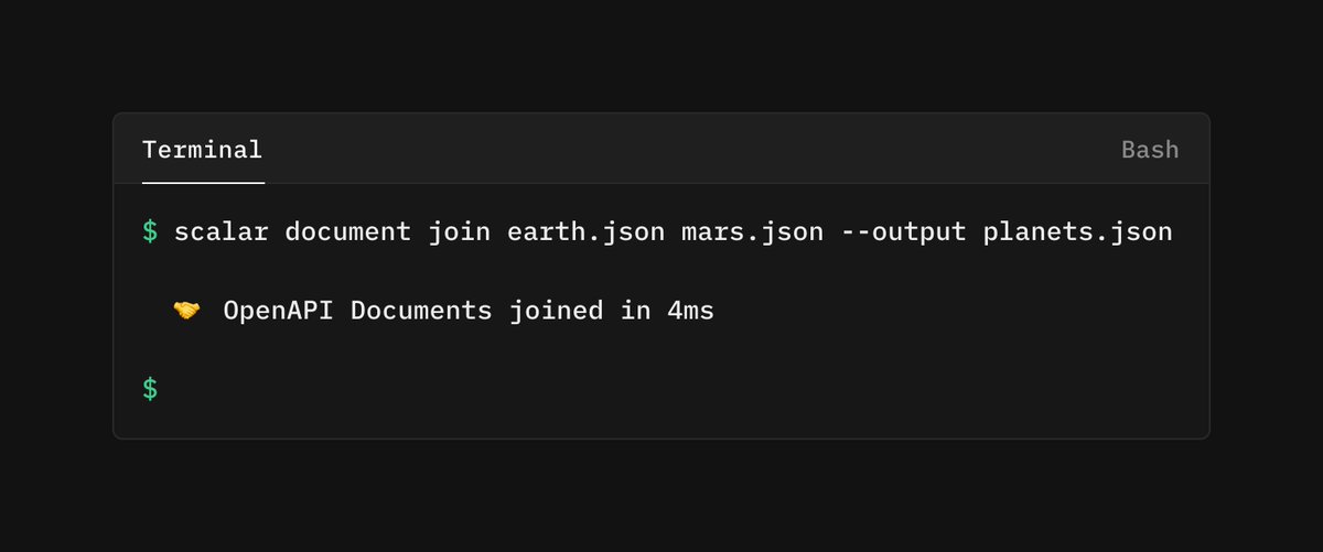 scalar's tweet image. this week at scalar™

introducing &quot;scalar join&quot;: our 🆕 CLI command

-  🧩 combine multiple specs
-  🏷️ merges tags &amp;amp; servers automatically
-  🧱 component prefixing to avoid name clashes
-  📄 outputs a single, valid OpenAPI file

update our CLI today &amp;amp; give it a spin