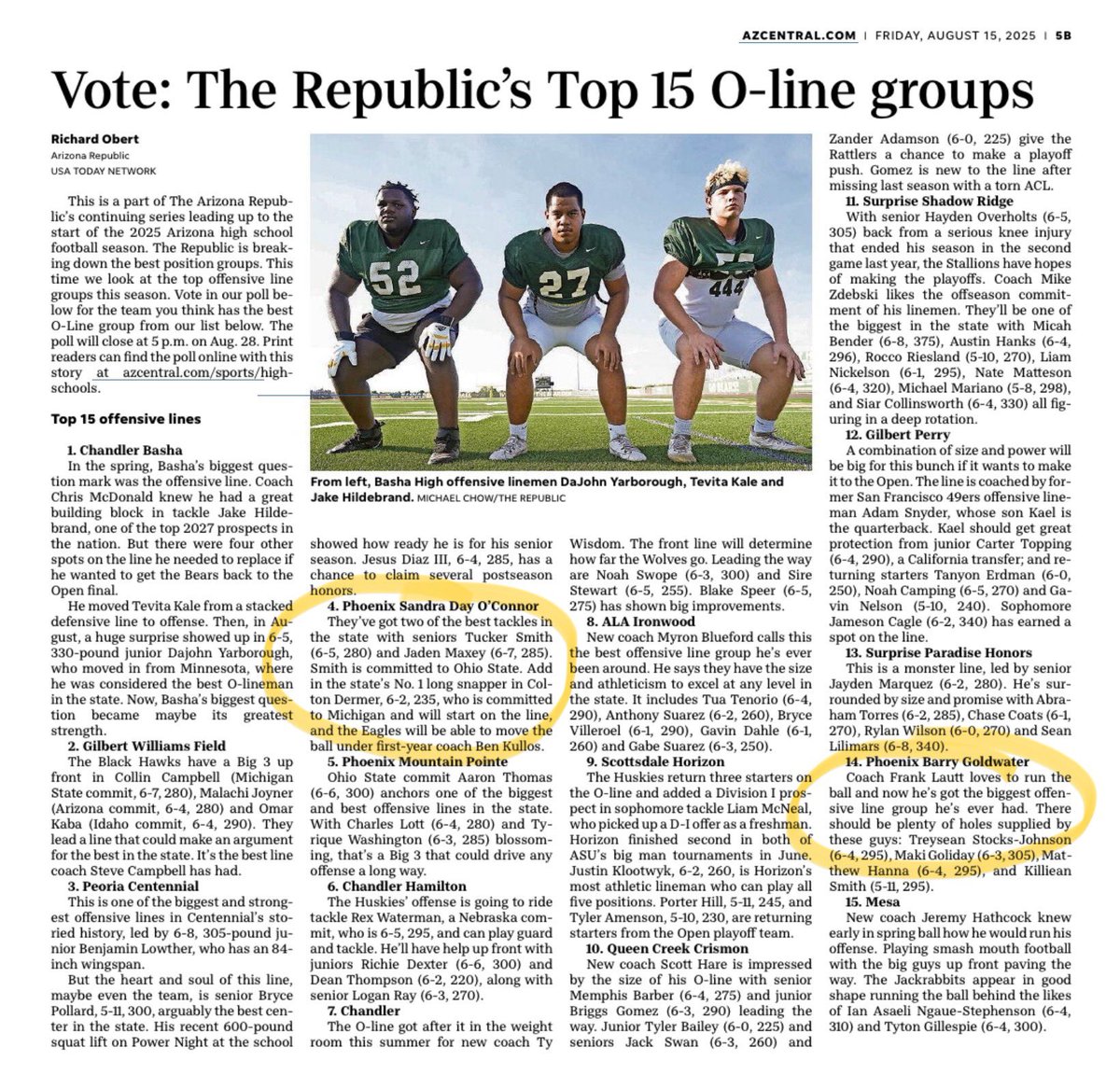 The ‘Dawgs of Goldwater and OC Eagles getting recognized as top O-Lines in the state - let’s go! <a href="/DVUSD/">Deer Valley Unified School District</a> <a href="/BGHS_DVUSD/">Barry Goldwater High</a> <a href="/OHS_Eagles/">OHS Eagles</a> <a href="/DvusdA/">DVUSDAthletics</a> <a href="/SDOathletics/">O'Connor Athletics</a> <a href="/oc_football/">O'Connor Football</a> <a href="/GoldwaterAthle1/">Goldwater Athletics</a>