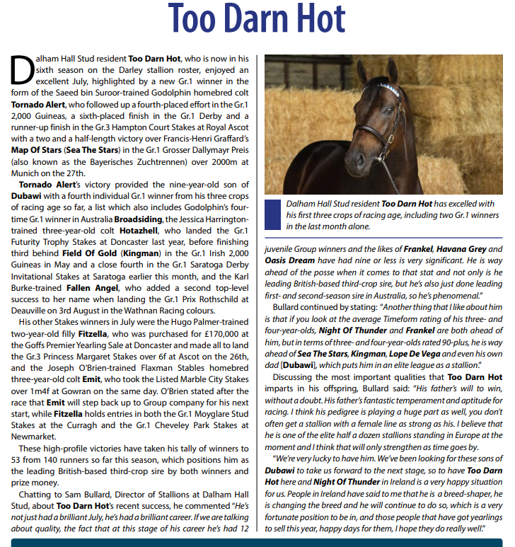 DarleyEurope's tweet photo. 🇬🇧 🗣 “I think his pedigree is playing a huge part as well, you don’t often get a stallion with a female line as strong as his”

After his exceptional month with two G1 winners, #TooDarnHot is today’s @BritishEBF Stallion Focus in @bloodstocknews 🙌
