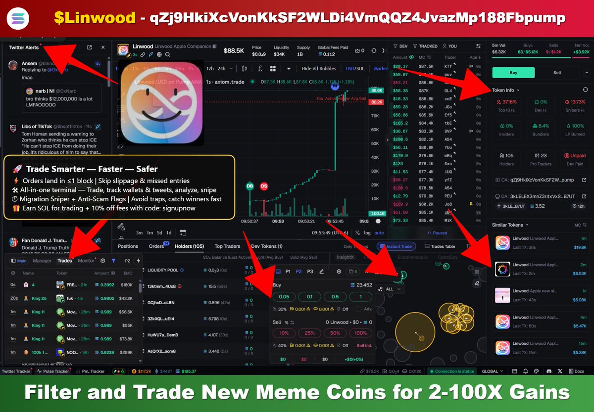 $Linwood - DANGER 🚨 (Screenshot)
qZj9HkiXcVonKkSF2WLDi4VmQQZ4JvazMp188Fbpump

📊 MCap: $88K
📈 Volume: $89K

Never get taken by a rug pull again! I use:
Track Wallets and Trading Platform for New Solana Meme Coins: axiom.trade/@signupnow
New features on the Platform

Like and
