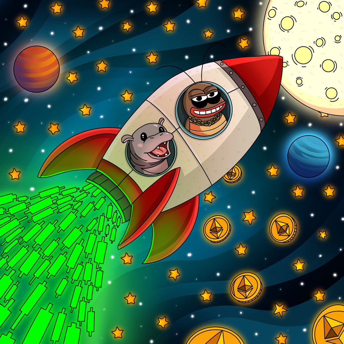 The MOOKOKOK rocket just boarded with nothing but vibes, dreams, and degen spirit 🚀💫
Cruising past the moon and the higher cosmos... next stop: wherever fun takes us!

If a roach and a hippo can make it, maybe we all can 🪳🦛🌕