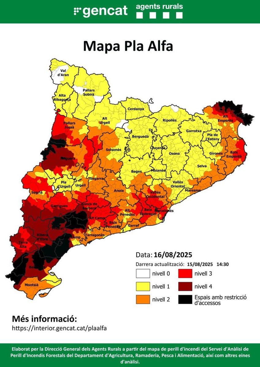 ‼ Risc elevat d’#incendi forestal 🔥 a #Montserrat

🔴 16/8 Activat #PlaAlfa 2 a tots els municipis del <a href="/PNMontserrat/">PN Montserrat</a>

⚠️ Extrema la precaució en activitats al #medi #natural
❌ No encenguis foc
❌ No llencis burilles ni deixalles
📞 Davant qualsevol indici de foc, truca al <a href="/112/">112</a>