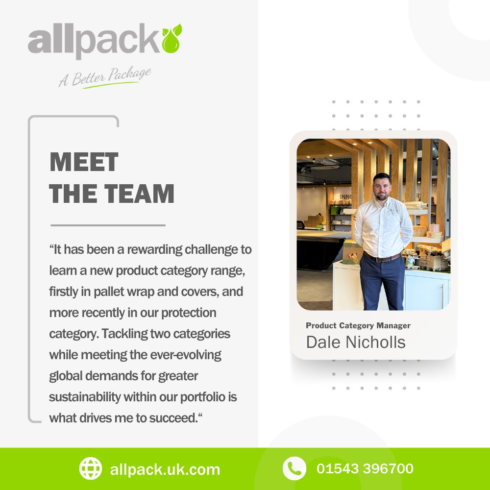 👋 Meet Dale Nicholls, Product Category Manager at Allpack 📦

“In 15 months, I’ve learned pallet wrap, covers, and now protection. The fast pace, team support, and push for sustainability drive me to succeed.”

#MeetTheTeam #AllpackTeam