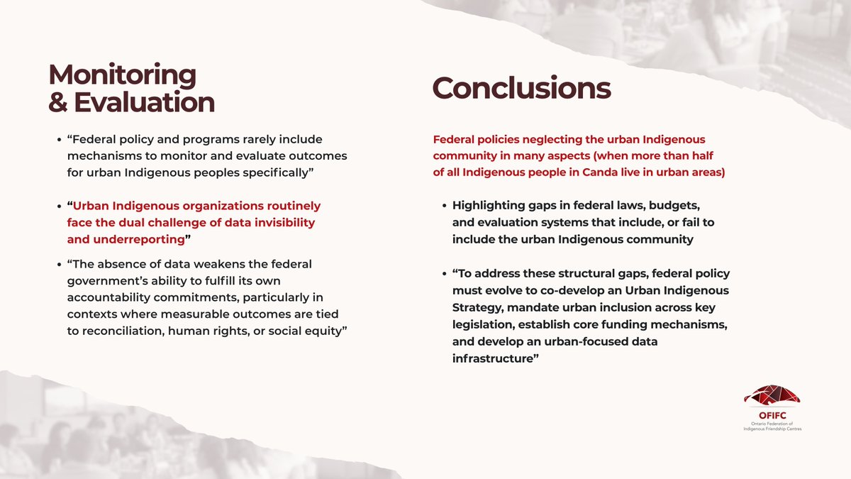 Canada’s Approach to Policy for Urban Indigenous Peoples ➡️➡️➡️

OFIFC examined how urban Indigenous communities are included and excluded in federal policy, from relationships &amp; legislation to budgets &amp; evaluation. Learn about the gaps impacting communities. 📢 Save &amp; share this