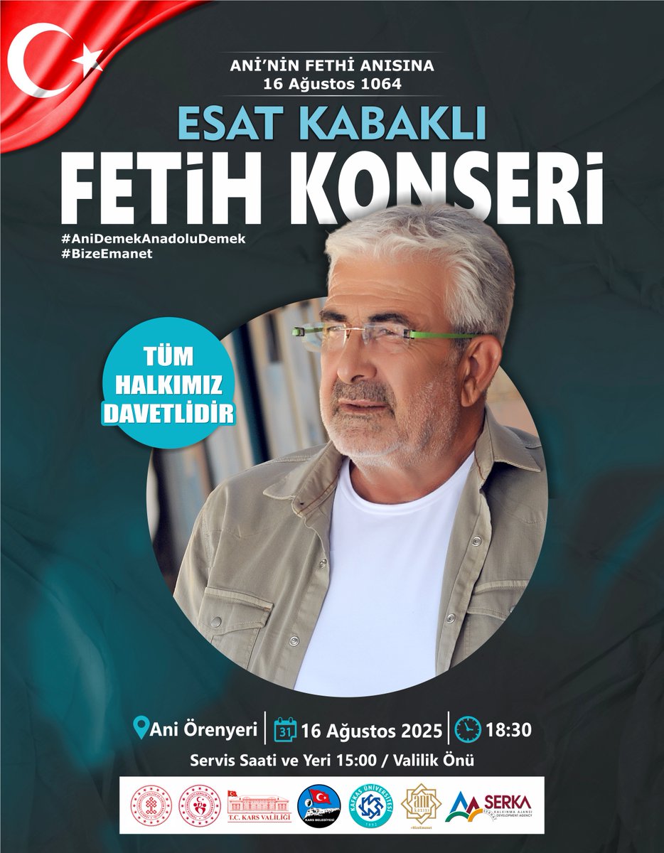🇹🇷
Esat Kabaklı ile fethinin 961. yıl dönümünde Ani'deyiz.
Türklerin Anadolu'ya giriş kapısı, ilk Türk-İslâm kitabesinin yer aldığı, Türkiye sınırları içinde ilk inşa edilen Menuçehr (Menûçihr) Camiine ev sahipliği yapan Ani'de gerçekleşecek olan Esat Kabaklı konserinde