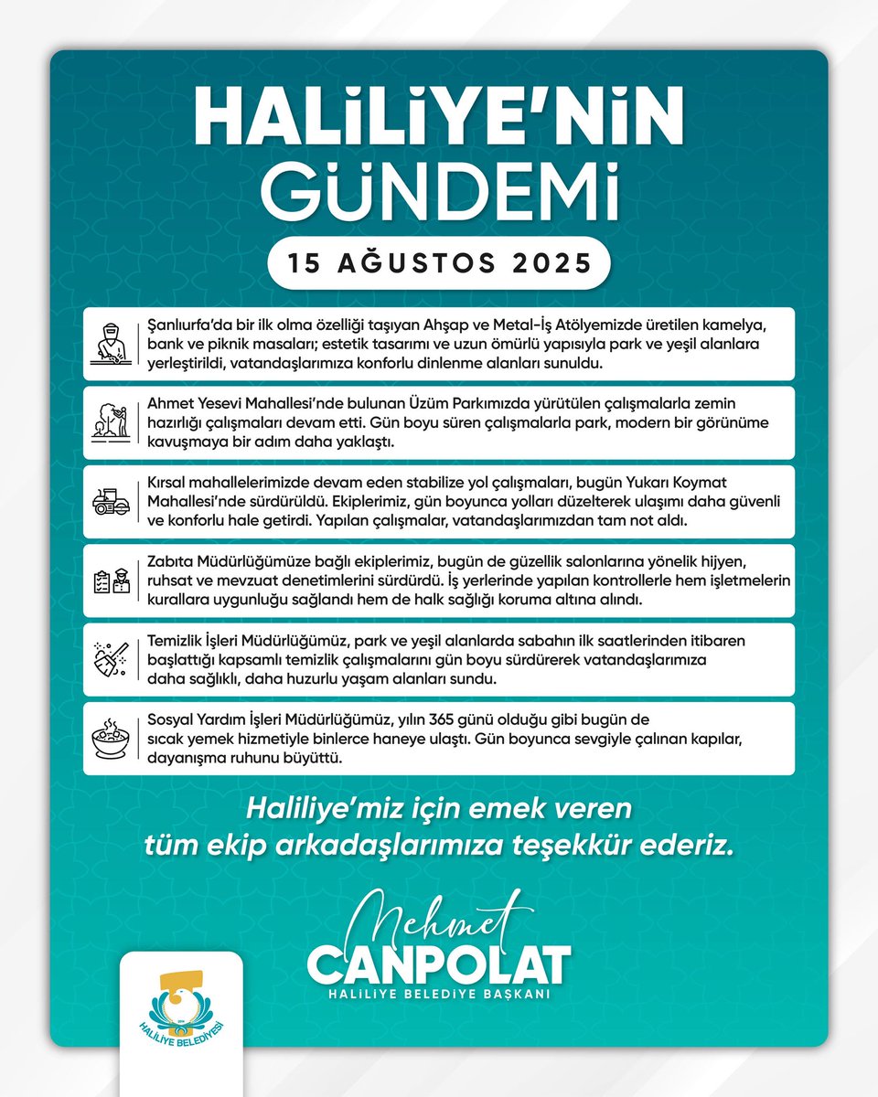 Haliliye Belediyesi 🇹🇷 (@haliliye_bld) on Twitter photo Haliliye’nin Gündemi | 15 Ağustos 2025
İlçemiz için emek veren tüm ekip arkadaşlarımıza teşekkür ederiz.
<a href="/mcanpolatnet/">Mehmet CANPOLAT 🇹🇷</a> Haliliye’nin Gündemi | 15 Ağustos 2025
İlçemiz için emek veren tüm ekip arkadaşlarımıza teşekkür ederiz.
<a href="/mcanpolatnet/">Mehmet CANPOLAT 🇹🇷</a>