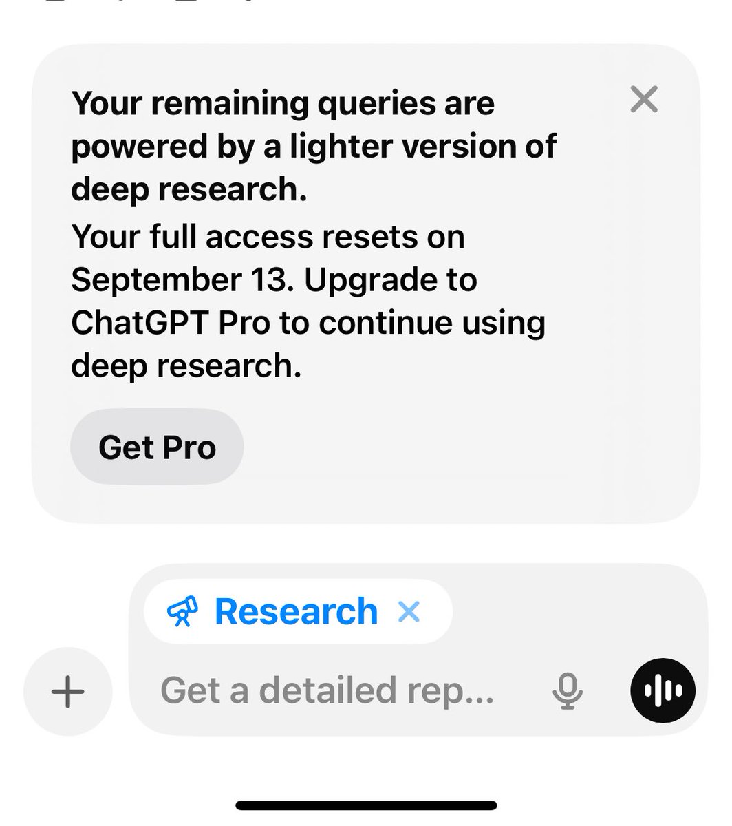 #ChatGPT5  is having my life! How is this even possible?! Does anyone know what deep research limit is for Deep Research?  According to this ive used them all up in 24 hoirs?!

Between this, the credits ive lost because ChatGPT5 has turned into loopy loo, and trying to sell me a
