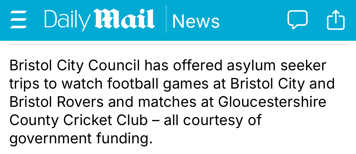 Emma ๐๐๐ฉ๐ฐ๐ฌ๐ง๐ช๐บ (@monkemma) on Twitter photo ๐ Free sports and leisure tickets/trips๐
I couldnโt find anything beyond what was in the Daily Mail article.
And yes, Iโm sure that Bristol council have provided a grant to an organisation that has, at some point, taken some asylum seekers to see a Bristol Roberts game.๐คท๐ผโโ๏ธ
Or ๐ Free sports and leisure tickets/trips๐
I couldnโt find anything beyond what was in the Daily Mail article.
And yes, Iโm sure that Bristol council have provided a grant to an organisation that has, at some point, taken some asylum seekers to see a Bristol Roberts game.๐คท๐ผโโ๏ธ
Or