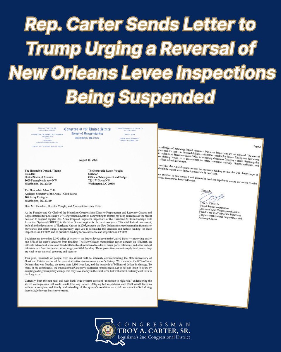 In the midst of hurricane season and nearly 20 years since Katrina, Trump is suspending <a href="/USACEHQ/">USACE HQ</a> levee inspections in New Orleans for 2 years. Levee safety is not optional and the cost of prevention is far less than the cost — in lives and dollars — of another catastrophic