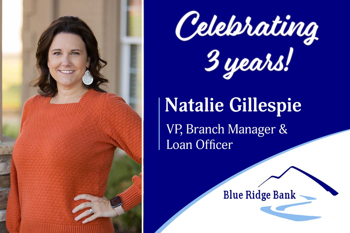 Today we’re celebrating Natalie Gillespie, our Easley Branch Manager and Loan Officer, for three years of hard work and dedication at Blue Ridge Bank! Natalie is not only great with her clients, she also keeps our Easley office running smoothly everyday. Thank you, Natalie!