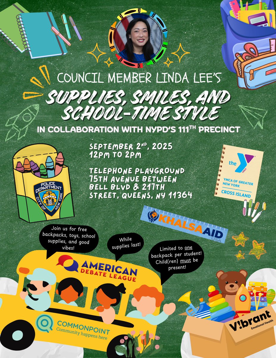 PS188Q's tweet image. @CMLindaLee, @NYPD111Pct, @ymcanyc, @Commonpoint_Qns, @Khalsa_Aid, V!brant Emotional Health and American Debate League are sponsoring backpacks, toys and school supplies for families on September 2nd. Thank you for supporting our students as they get ready for a new year!