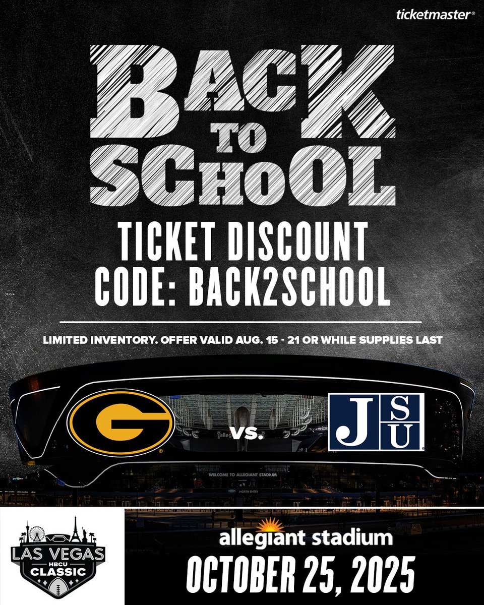 Summer flew by, and football is back! 

Take advantage of the back to school offer from August 15-21 and enjoy 25% off tickets for the first-ever Las Vegas HBCU Classic on October 25!

USE CODE: BACK2SCHOOL
🎟️ bit.ly/47rnyqQ