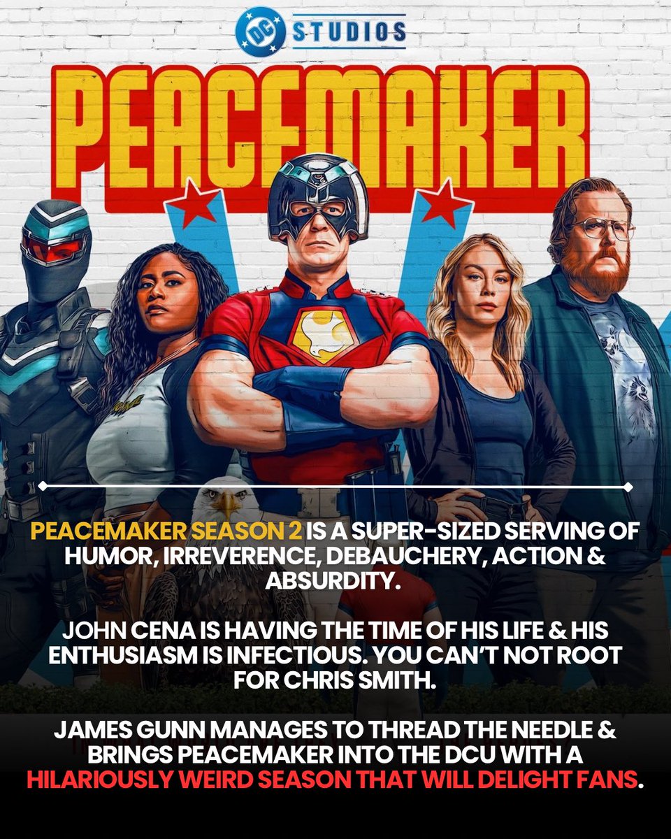 POC Culture (@pocculture) on Twitter photo I’ve seen the 1st 5 episodes of #PEACEMAKER S2!
S2 is a super-sized serving of humor, irreverence, debauchery, action & absurdity.
<a href="/JohnCena/">John Cena</a> is having the time of his life & his enthusiasm is infectious. You can’t not root for Chris Smith.
<a href="/DCpeacemaker/">Peacemaker on HBO Max</a> <a href="/JamesGunn/">James Gunn</a> <a href="/hbomax/">HBO Max</a> I’ve seen the 1st 5 episodes of #PEACEMAKER S2!
S2 is a super-sized serving of humor, irreverence, debauchery, action & absurdity.
<a href="/JohnCena/">John Cena</a> is having the time of his life & his enthusiasm is infectious. You can’t not root for Chris Smith.
<a href="/DCpeacemaker/">Peacemaker on HBO Max</a> <a href="/JamesGunn/">James Gunn</a> <a href="/hbomax/">HBO Max</a>