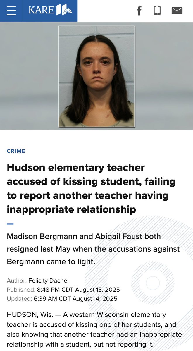 Her name is Abigail Faust. 
She was arrested on August 13, 2025, and was charged with failure to protect a child (for not reporting Madison Bergmann’s abuse of an 11-year-old), causing mental harm to a child, child enticement, and sexual misconduct by a school staff member.

This