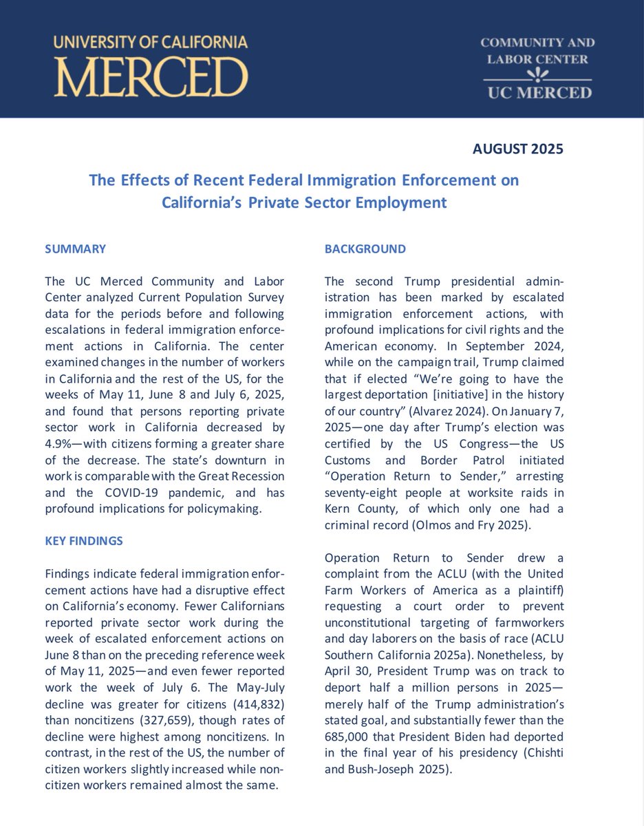 In the not shocking category, ICE raids suppress employment, including for citizens:

“Persons reporting private sector work in CA decreased by 4.9%, w/ citizens forming a greater share of the decrease. The state’s downturn in work is comparable with the Great Recession &amp; COVID.”