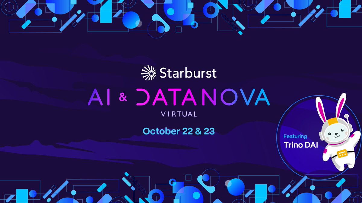 starburstdata's tweet image. 🎤 Call for Speakers is open!
Got a Trino story to tell? From AI to analytics to data at scale—share it at Trino DAI (Data + AI) 2025.
📅 Oct 22 (Virtual)
📝 Submit by Sept 8: okt.to/lVzYDk
#Trino #DataAI #CallForSpeakers #StarburstData