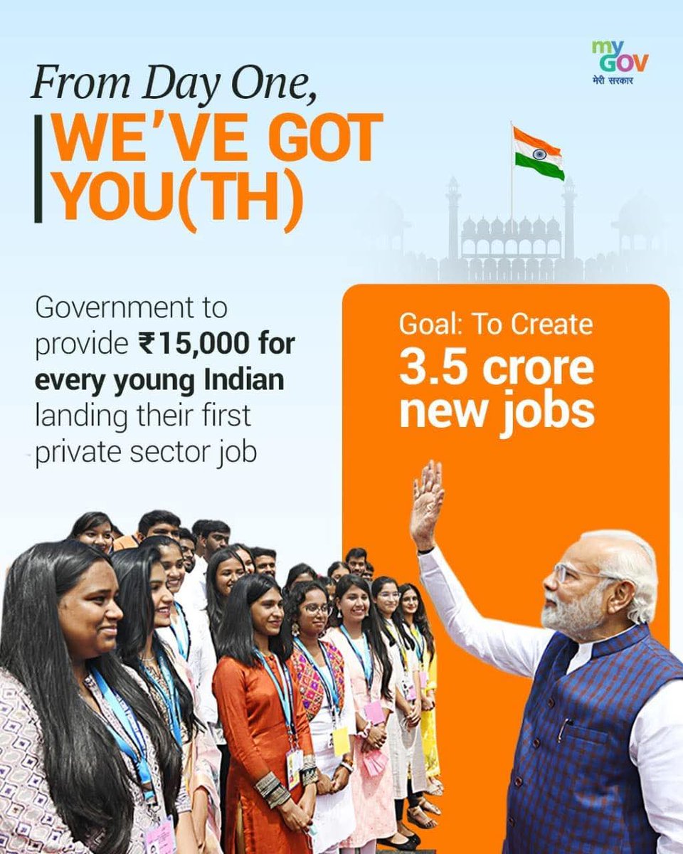Youth of India, future of India 🇮🇳
PM Modi's new initiative -
💼 Incentive of ₹15,000 to every youth on getting first private job
🎯 Goal: 3.5 Crore New Jobs

It's not just a job, it's a flight of self-reliance and dreams 🚀
#ModiHaiToMumkinHai #YouthPower #NewIndia