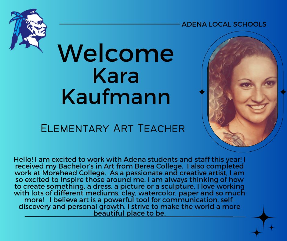 AdenaLocal's tweet image. Join us in welcoming Kara Kaufmann to Adena Local Schools as our new Elementary Art Teacher!
