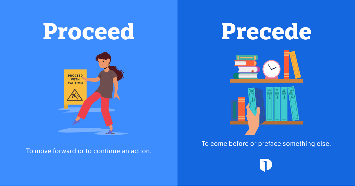 Dictionarycom's tweet photo. Proceed vs. precede: Can you spot the difference between these #CommonlyConfused words? Though similar in spelling and sound, they mean very different things. https://t.co/oJ3sCJvnYa

Proceed means to move forward or continue, as in: "please proceed carefully across the wet floor." ⚠️🫧 It can also be a noun—proceeds, meaning profits or earnings.

Precede means to come before or to preface something. The book that precedes a second one in a series might be different in tone. 📚Or someone might say "the chapters that precede this one are quite different."

Both words share the Latin root cede, meaning “to go,” but their prefixes differentiate them. So if you remember that pro means forward and pre means before, you won't mix them up! Would you like us to cover any other commonly confused pairs?