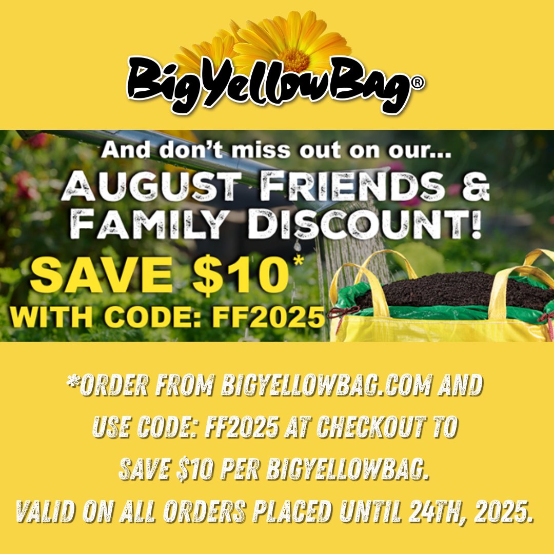Don't miss your chance to save! Now until August 24th, save $10 off your #BigYellowBag using code FF2025 at checkout.

We are approaching a great time to top up your gardens with soil and mulch and overseed your lawn.

Visit l8r.it/CSJy now to purchase your bag!