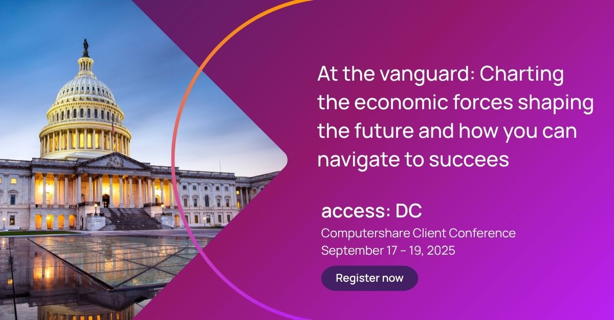 Computershare's tweet image. From interest rates to tariff policy changes, gain insights on the economic shifts ahead. Join us at Access: DC and hear from market experts as they break down economic trends redefining tomorrow’s market landscape. spr.ly/6011fsHcW

#ClientConference #CPU