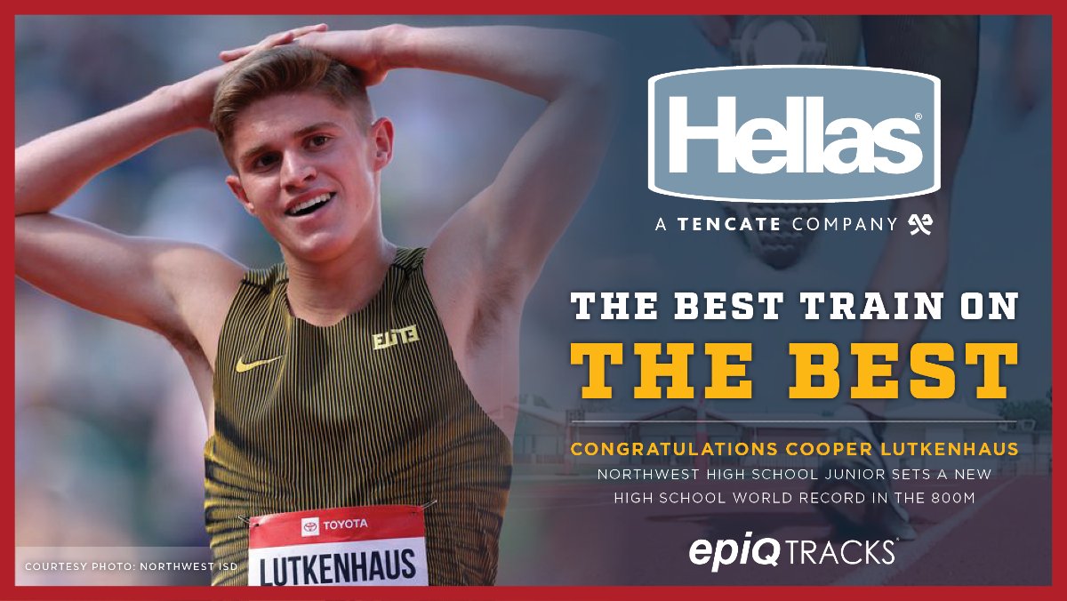 Cooper Lutkenhaus, Northwest High School Junior, set a new high school world record in the 800M. Way to go Cooper! Hellas is honored to provide Northwest High School a reliable epiQ Tracks surface as the training ground for Lutkenhaus! #HellasPride #epiQTracks #Lutkenhaus