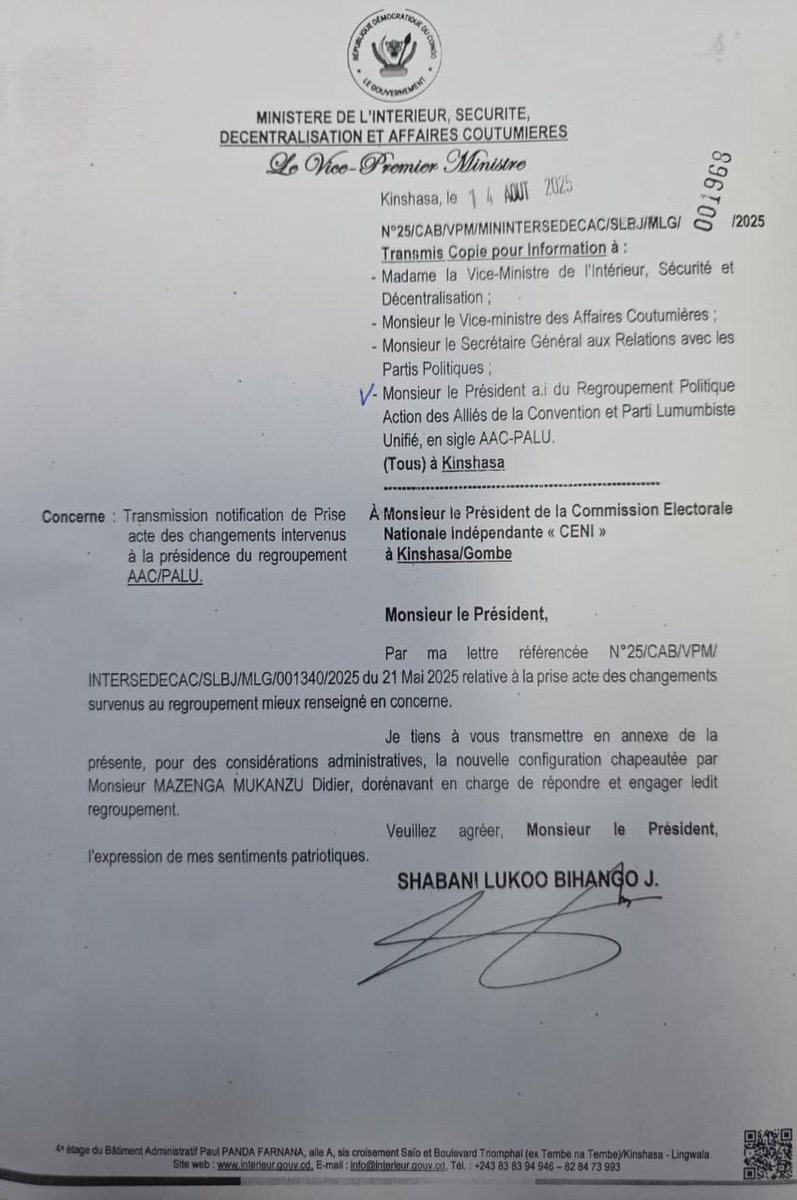PHIL KAYINGA (@philkayinga) on Twitter photo #Rdc
Le ministre de l’intérieur <a href="/shabani_lukoo/">SHABANI Lukoo J.</a> a transmis la notification de prise d’acte des changements intervenus à la présidence du regroupement politique AAC/Palu,au president de la <a href="/cenirdc/">Ceni-RDC</a> désormais seul le Président Me. DIDIER MAZENGA MUKANZU qui engage ledit regroupement #Rdc
Le ministre de l’intérieur <a href="/shabani_lukoo/">SHABANI Lukoo J.</a> a transmis la notification de prise d’acte des changements intervenus à la présidence du regroupement politique AAC/Palu,au president de la <a href="/cenirdc/">Ceni-RDC</a> désormais seul le Président Me. DIDIER MAZENGA MUKANZU qui engage ledit regroupement