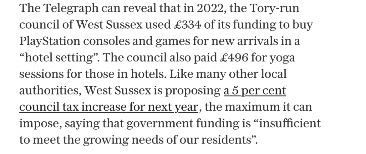 📍 Free PlayStation consoles and yoga sessions 📍

Yup, this was a Telegraph scoop in 2022!

They “revealed” that from West Sussex council’s annual £2.2BILLION budget, they spent a whopping £334 on PlayStations (that’s one console!) and £496 on yoga sessions.

Seriously 🙄

14/