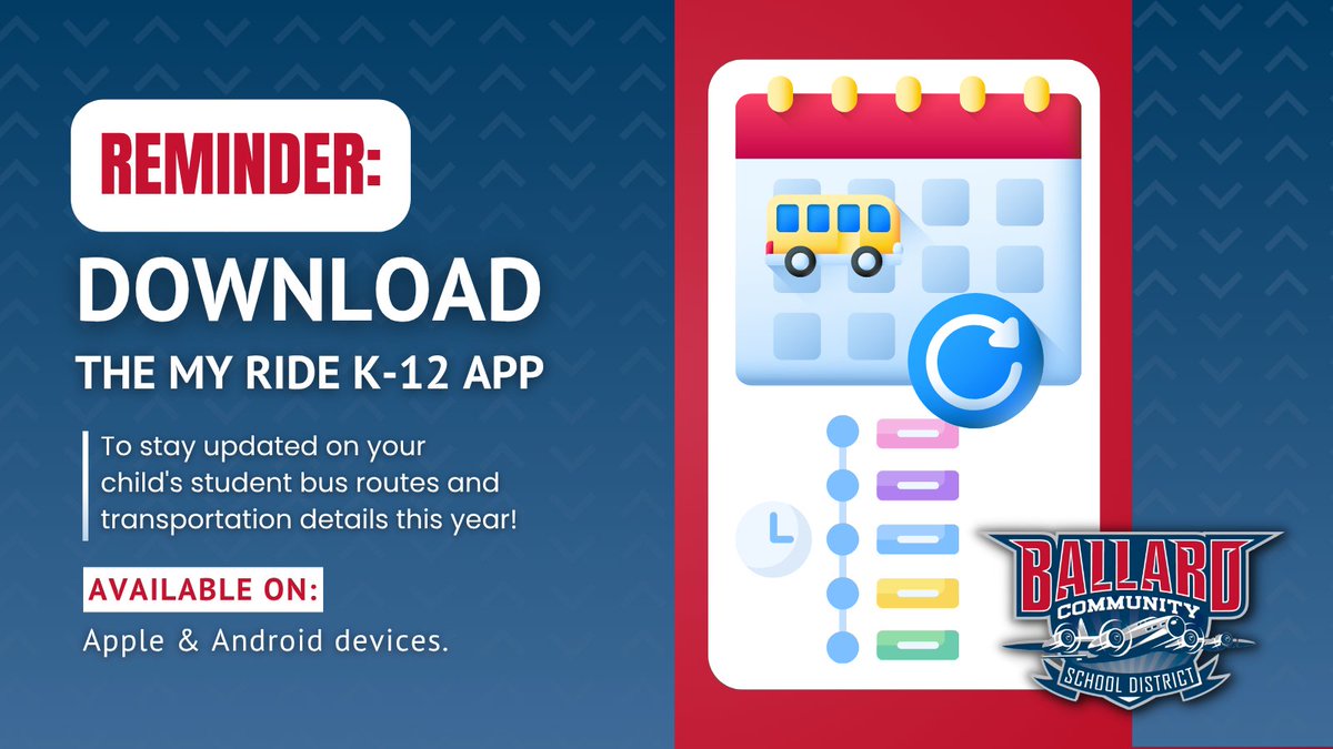 REMINDER: As we prepare for the new school year, Ballard families can stay informed about student bus routes through the My Ride K-12 app:

📱 Android: bit.ly/41rejDc 
🍎 Apple: apple.co/45zxyNi 

Download the app today and stay up to date! 🚌