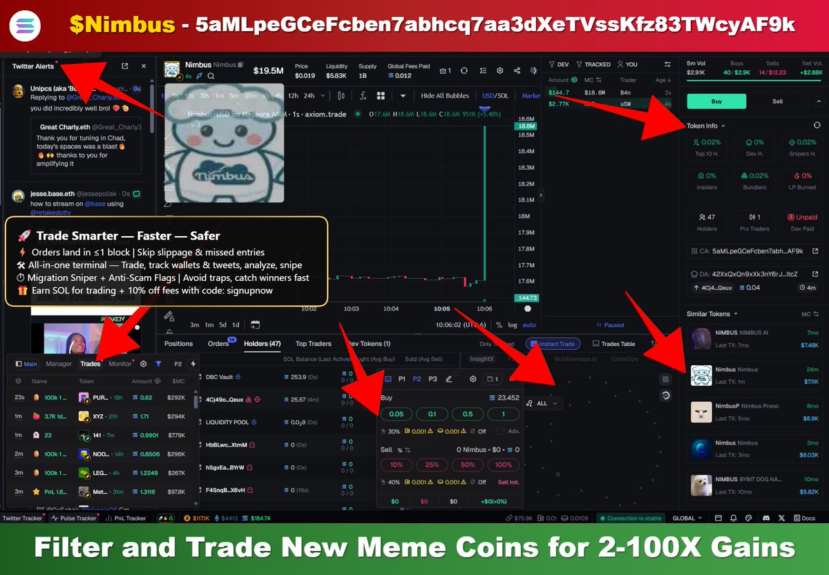$Nimbus - DANGER 🚨 (Screenshot)
5aMLpeGCeFcben7abhcq7aa3dXeTVssKfz83TWcyAF9k

📊 MCap: $19.5M
📈 Volume: $19.5M

Never get taken by a rug pull again! I use:
Track Wallets and Trading Platform for New Solana Meme Coins: axiom.trade/@signupnow
New features on the Platform

Like