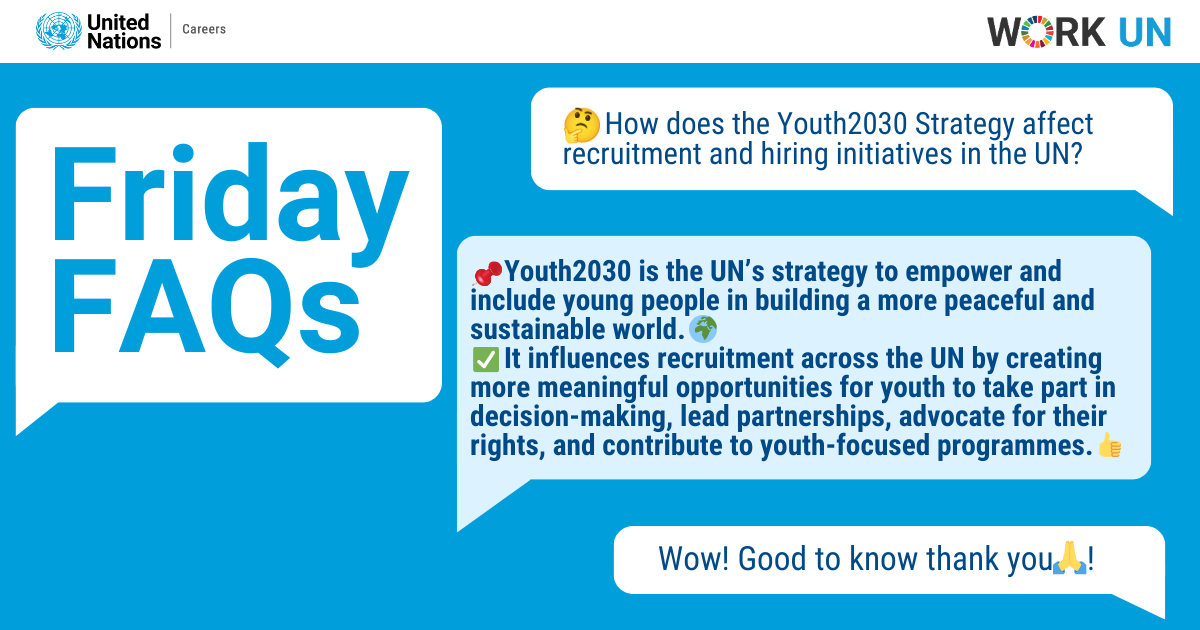 UN_Careers's tweet photo. ๐ Friday FAQs
How does #Youth2030 impact #UN recruitment?
โ๏ธ More meaningful opportunities for young people
โ๏ธ Roles in decision-making, advocacy & partnerships
โ๏ธ Support for youth-led change ๐
Explore: https://t.co/QznCvUyJDT
#UNCareers #Work4UN #JoinUN #YouthInAction https://t.co/SYj53ecvkb