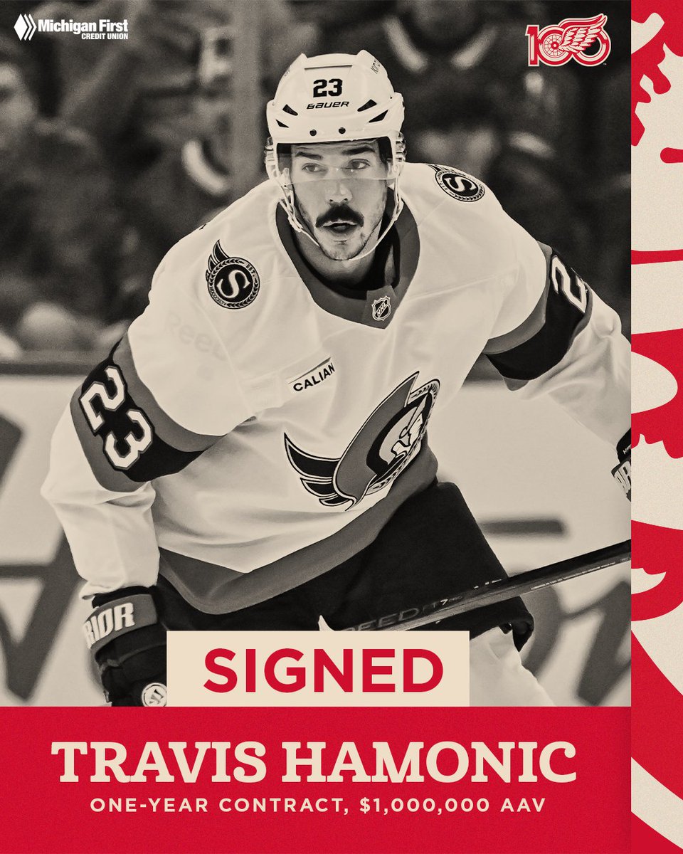 UPDATE: The #RedWings have signed defenseman Travis Hamonic to a one-year contract with an AAV of $1,000,000.