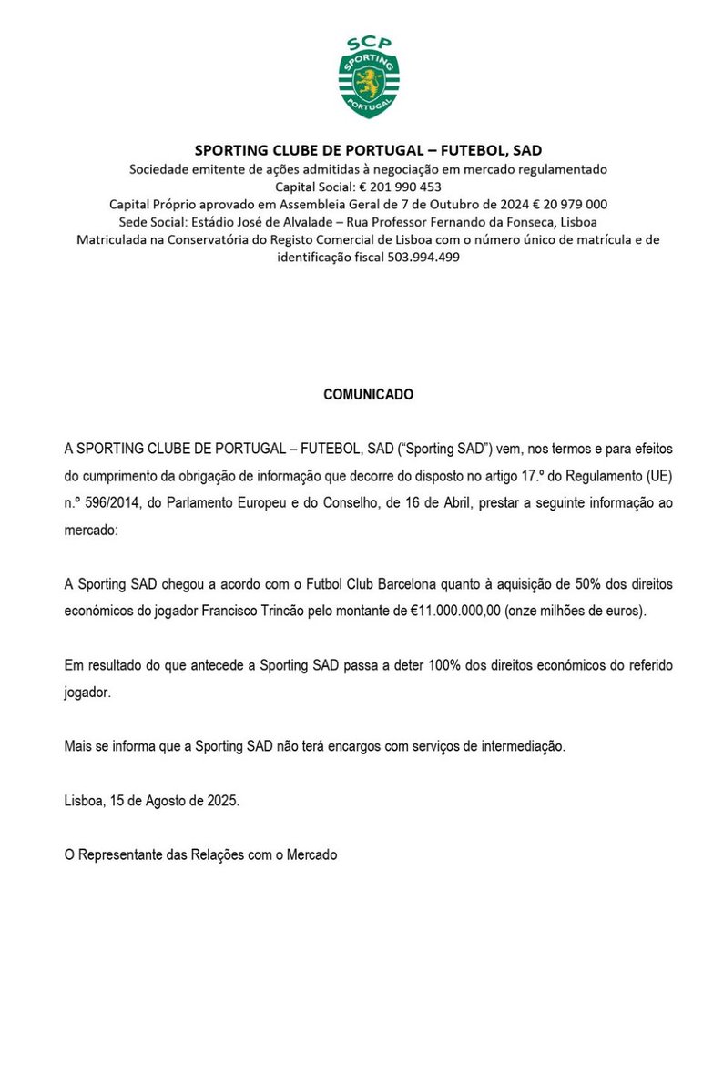 MartinMinan_'s tweet photo. 🚨🚨🇵🇹OFICIAL: el Barça ingresa €11,000,000 por TRINCÃO. El Sporting adquiere el otro 50% de sus derechos. 

#FCB 💰🔵🔴 https://t.co/E2kTMixPik