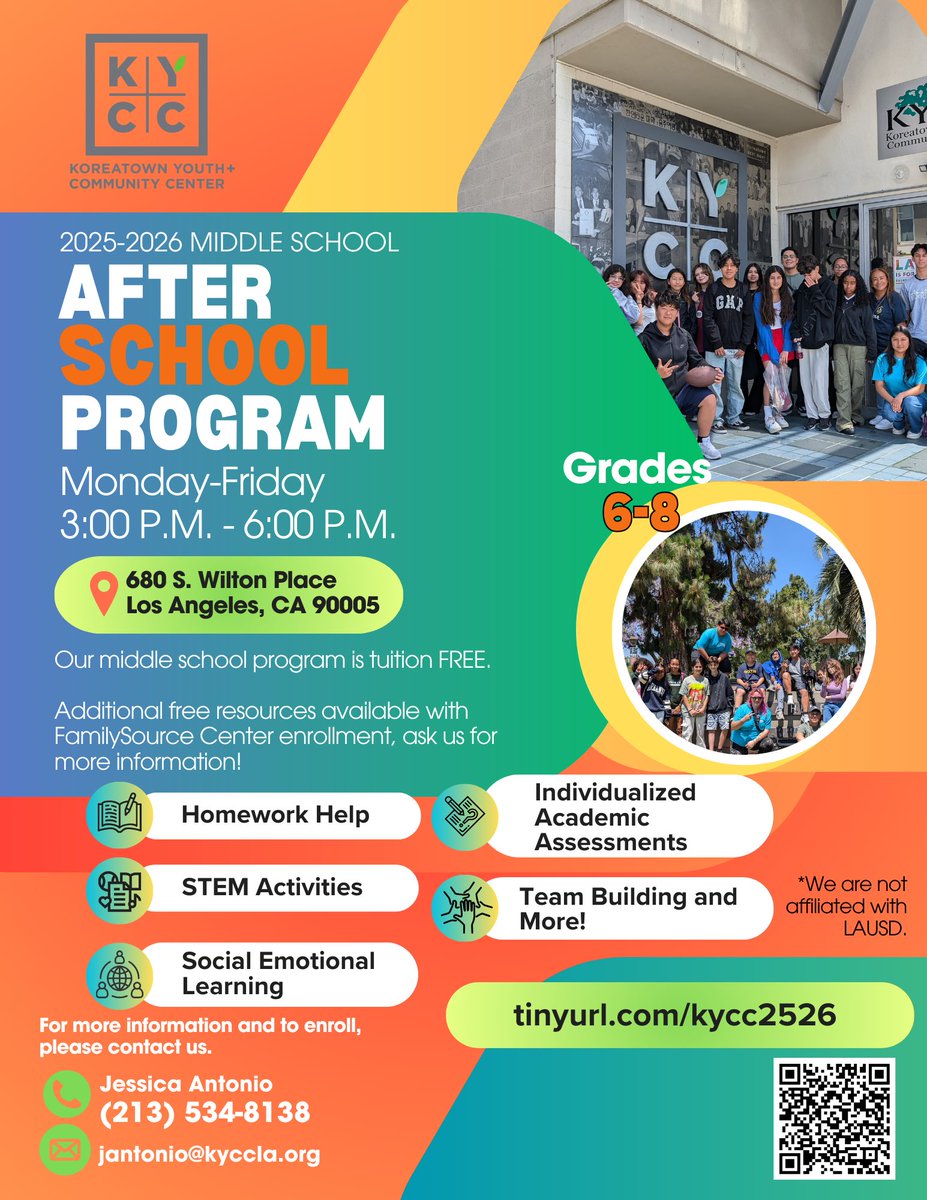 KYCC Youth Services is now accepting enrollments for our after school programs for elementary and middle school students!  We offer a range of activities, including homework assistance, STEM activities, team-building exercises, and much more. To register tinyurl.com/kycc2526