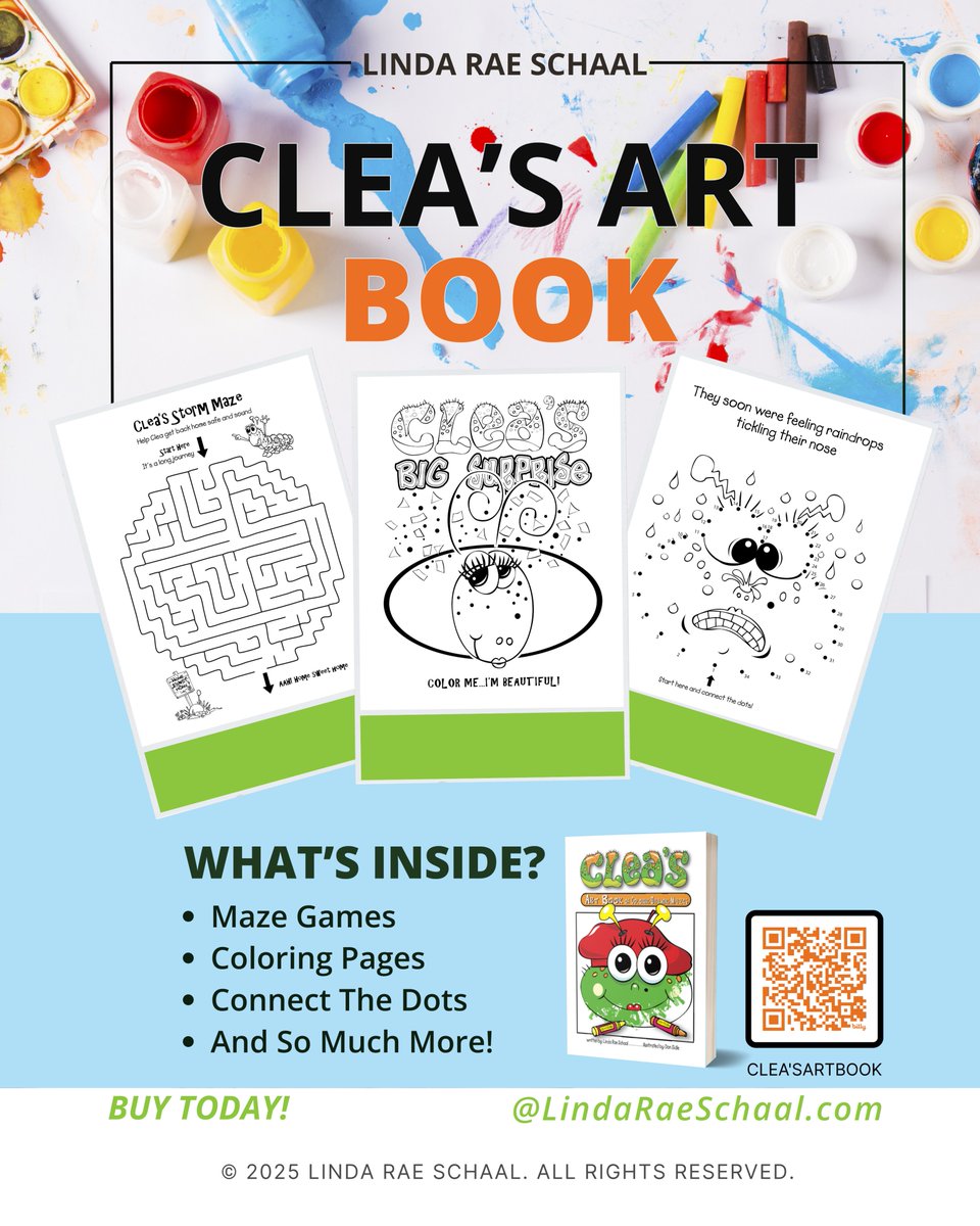 LindaRaeSchaal's tweet image. From coloring to mazes, puzzles to connect-the-dots. Clea’s Art Book turns playtime into a world of creativity!  Grab this fun activity book today! bit.ly/CleaArtBook 
#CleasArtBook #ActivityBookForKids #ColoringForKids #MazesAndPuzzles #ConnectTheDotsFun  #PlayAndLearn