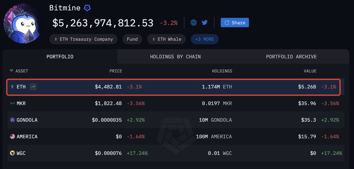 Bitmine 投资组合截图，显示 ETH 和梗币持仓
