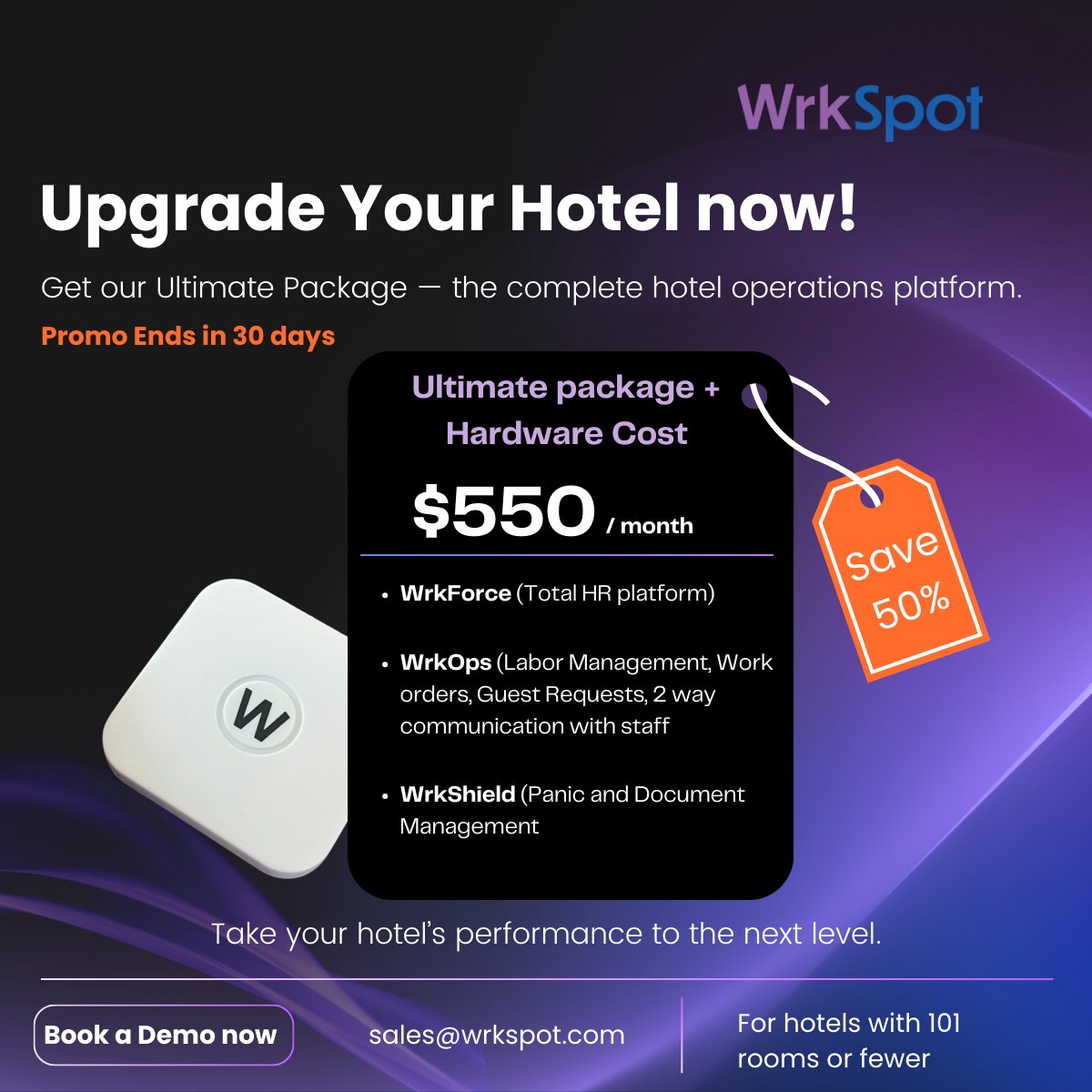 Hoteliers! Ready? Transform your Hotel Operations and take advantage of our new promo [for new customers]! 
#sales@wrkspt.com hashtag#panicsafety hashtag#hotelBOH