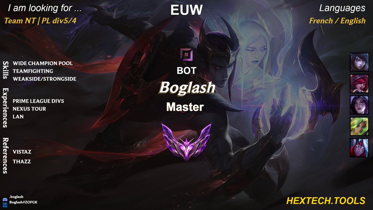 [LFT – ADC Master EUW]

Looking for a serious project (scrims / competitions)
• Master+ ADC
• Hard worker, eager to improve
• Team &amp; tournaments experience
• Available most evenings

Open to tryouts
📩 DM for more info