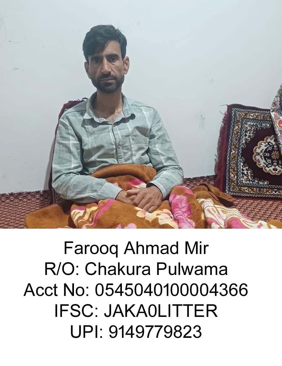 farzanaaaa____'s tweet photo. Farooq Ah. Mir urgently needs a kidney transplant to survive, but the costs are overwhelming. Every contribution, no matter how small (even ₹100), can make a difference.

Address: Chakura, Pulwama
Account Number: 0545040100004366
IFSC Code: JAKA0LITTER
UPI: 9149779823 https://t.co/Yqb94O5mVL