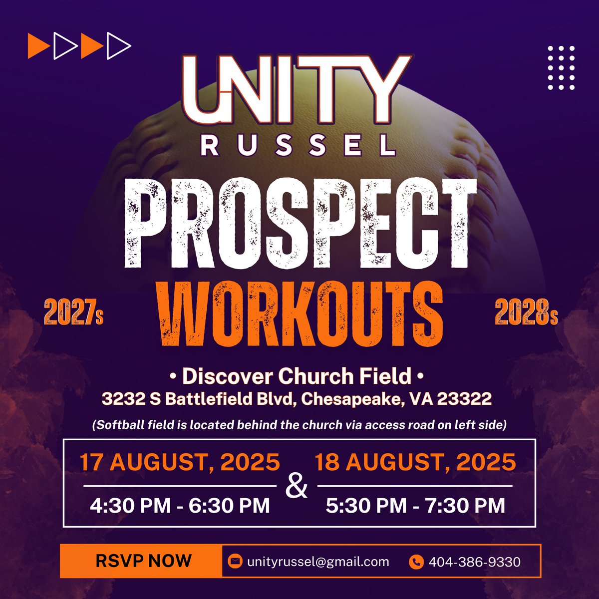 🚨Prospect Workouts for A-Level 2027 &amp; 2028🚨
Unity-Russel is holding two prospect workouts for highly talented A-level 2027 &amp; 2028 athletes who have the drive, dedication, and skill to compete on a highly competitive travel schedule—and the ambition to play college softball.

📅
